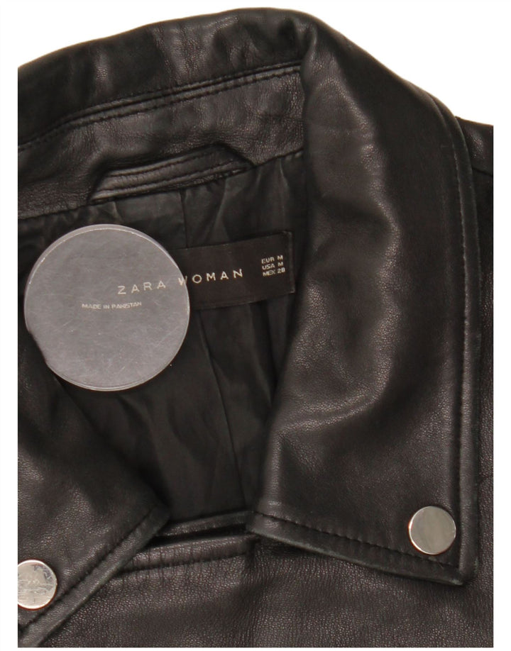 Zara Veste de motard en cuir pour femme UK 12 Medium Noir