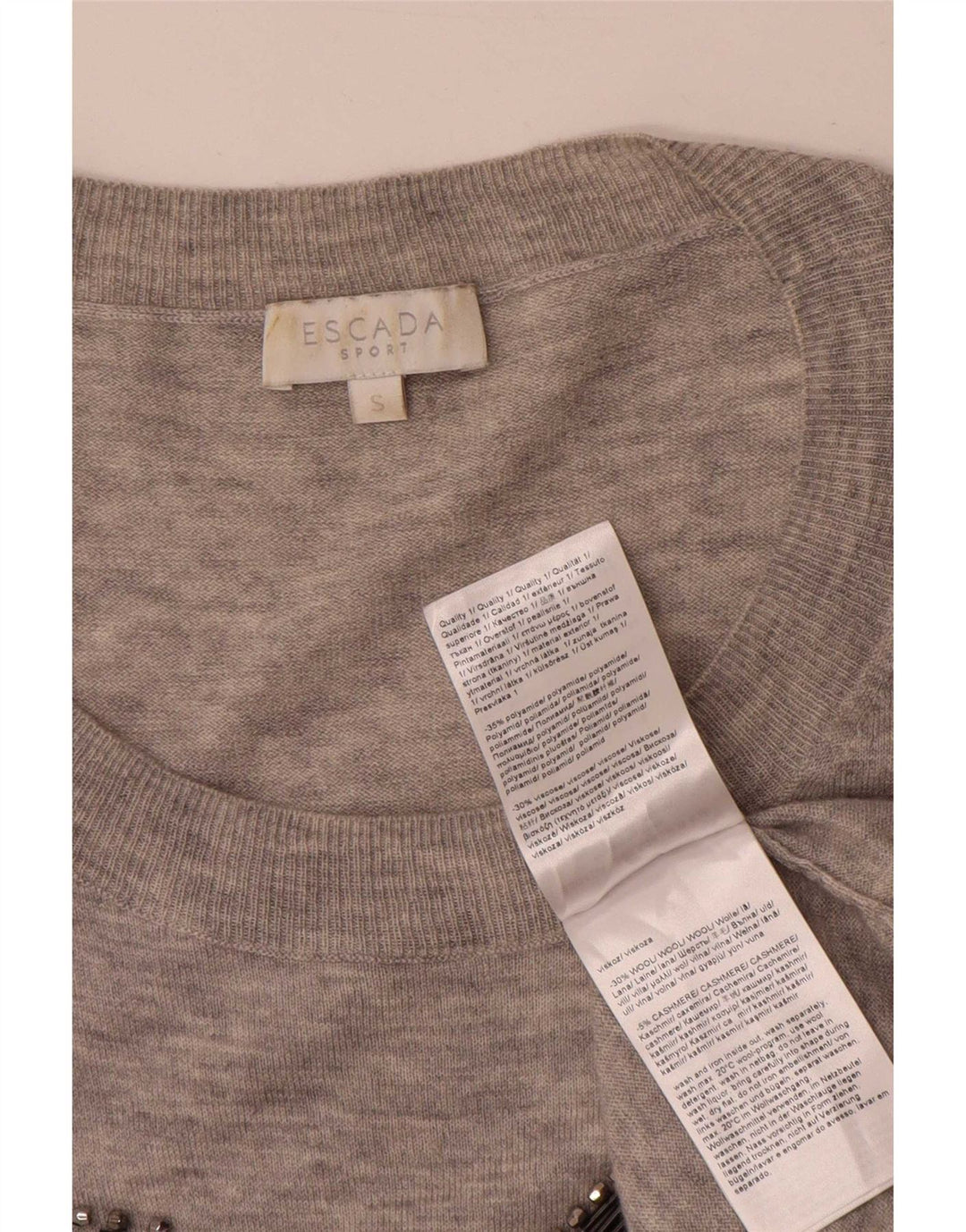 Escada Pull graphique surdimensionné à col bateau pour femme UK 10 Petit Gris