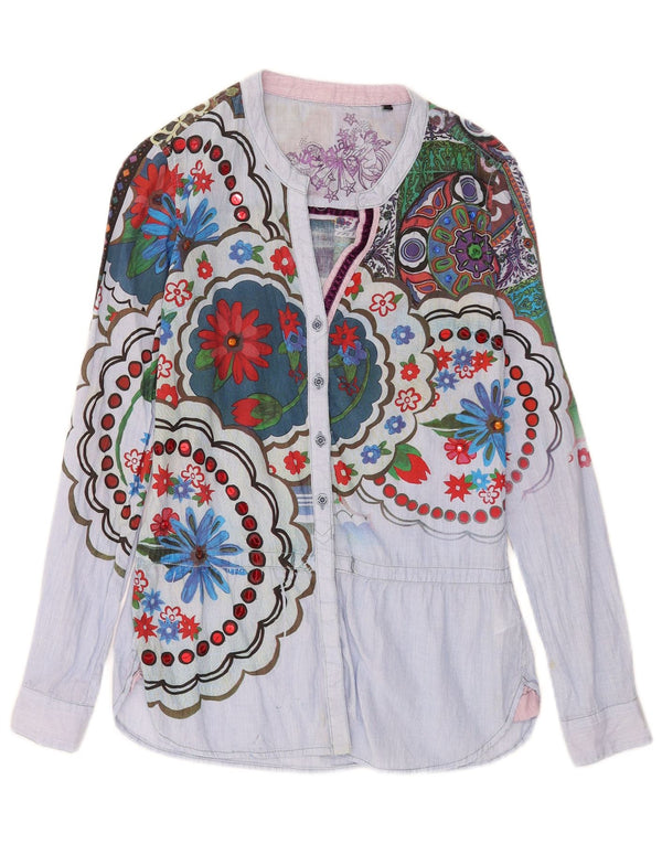 Desigual Femme Chemise Graphique Blouse UK 10 Petit Bleu Floral Coton