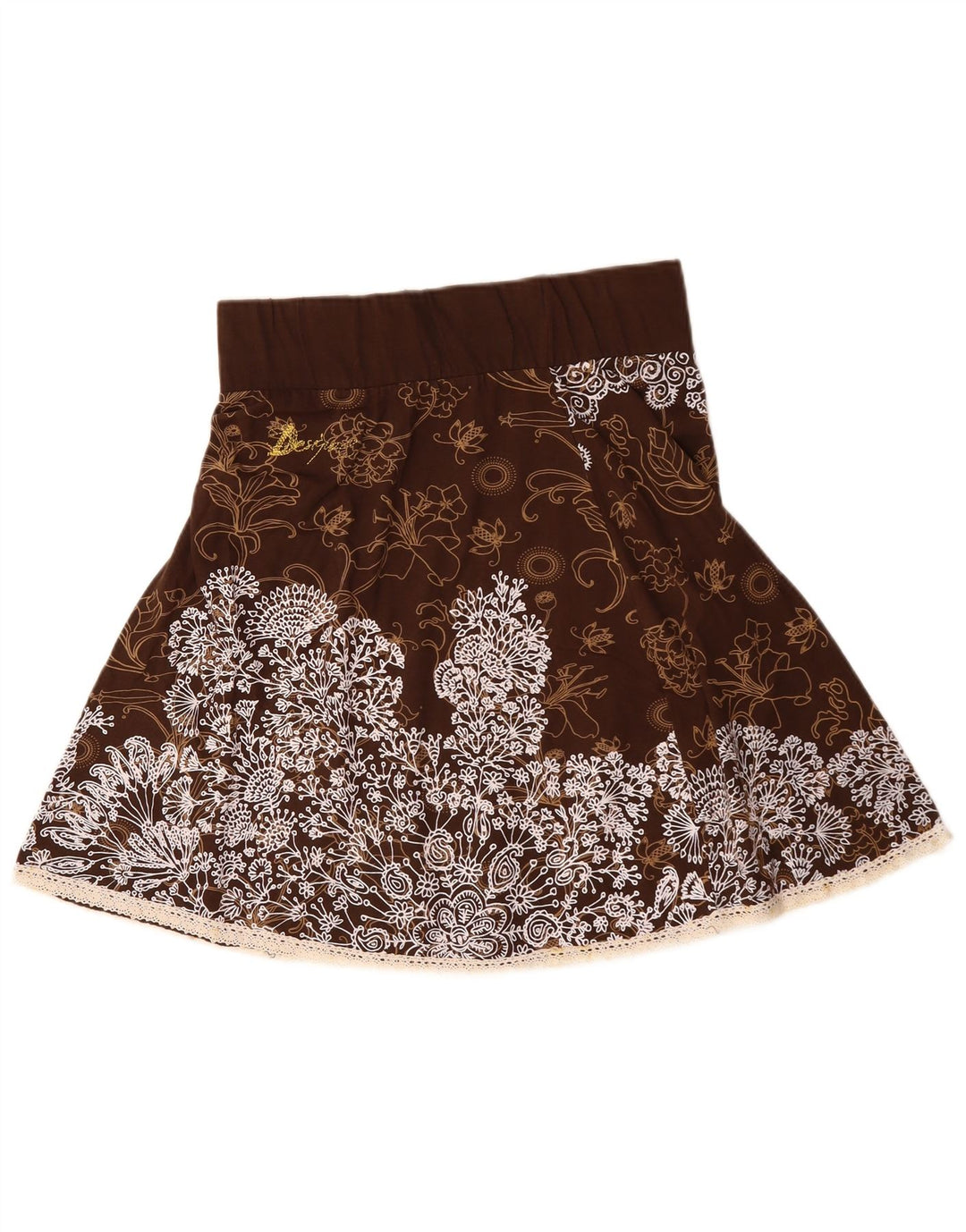 DESIGUAL Jupe trapèze taille haute pour femme Large W30 en coton floral marron