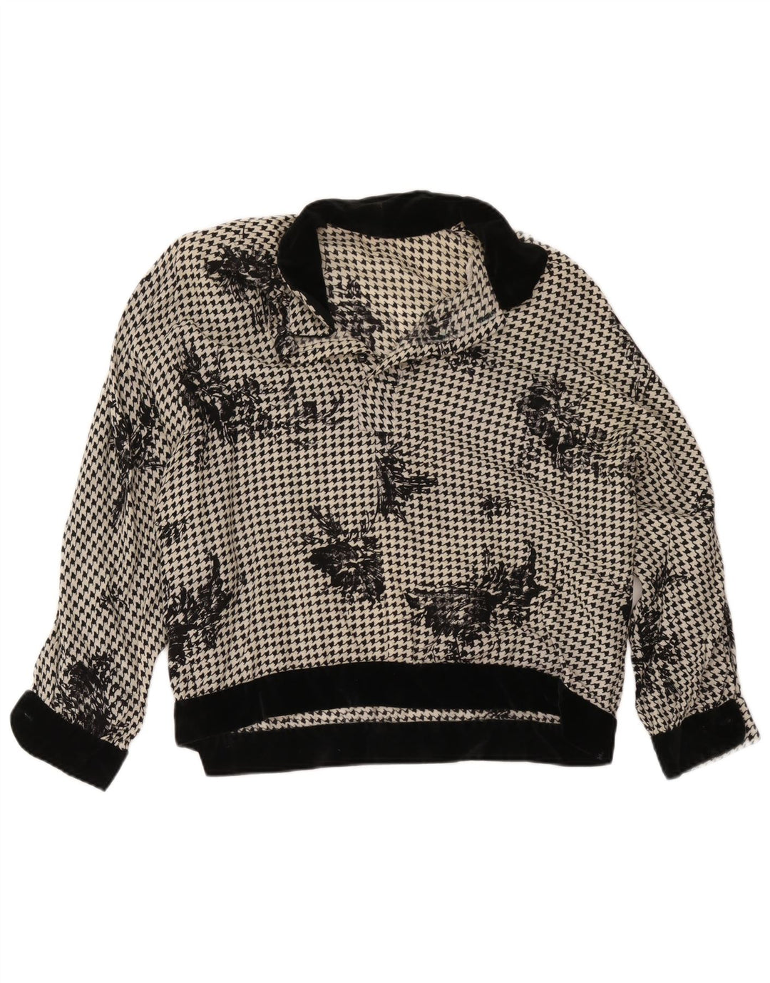 vintage Femmes Blouse Oversize Top UK 18 XL Pied-de-poule Noir