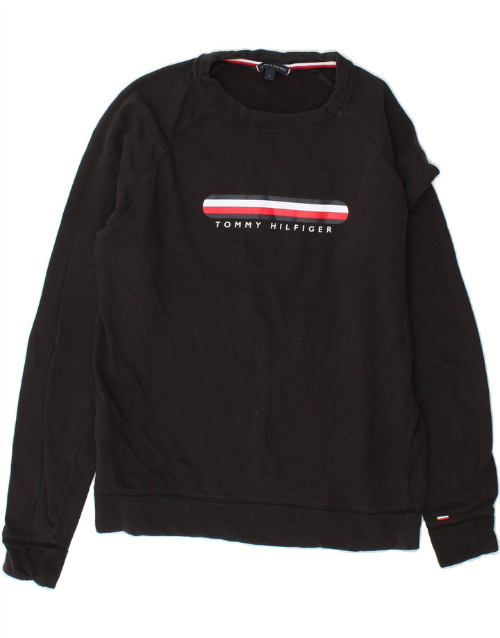 TOMMY HILFIGER Mens Graphic Sweatshirt Jumper Small Black Cotton Vintage Tommy Hilfiger and Second-Hand Tommy Hilfiger from Messina Hembry 