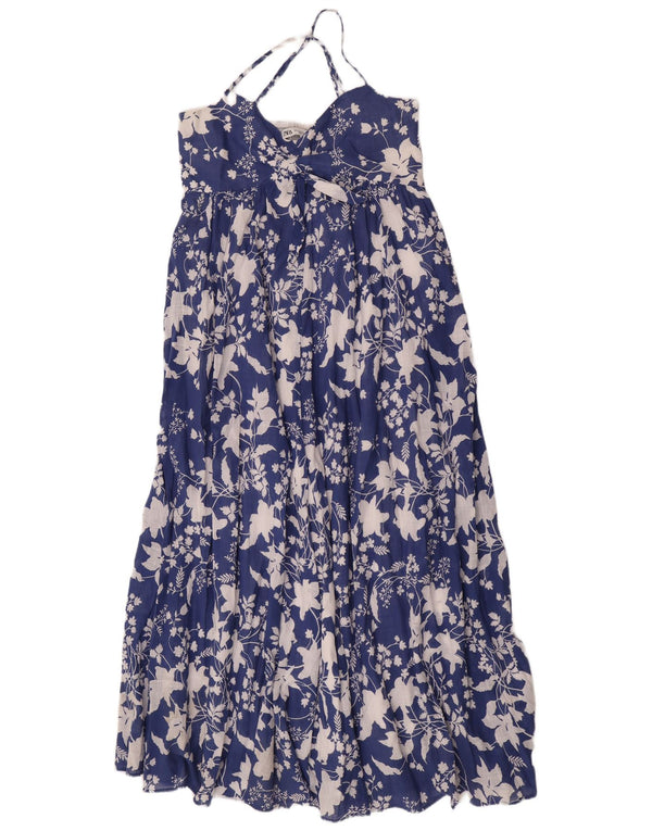 Zara Femme Maxi Halter Robe UK 12 Bleu Moyen Floral Coton