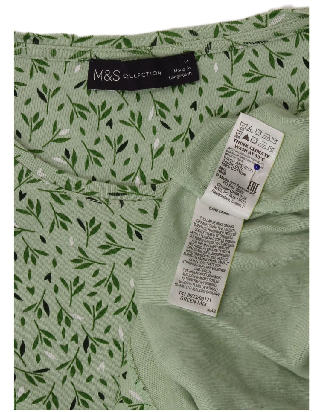 Marks & Spencer Haut à manches longues pour femme UK 44 Coton floral vert moyen