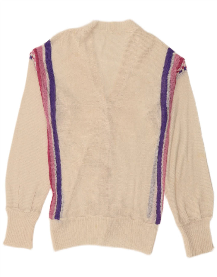 vintage Femme Cardigan Pull UK 12 Moyen Off White Rayé