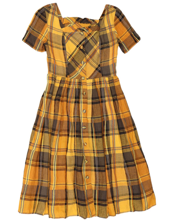 vintage Femme Manches Courtes Robe Chemise UK 12 Moyen Jaune Check