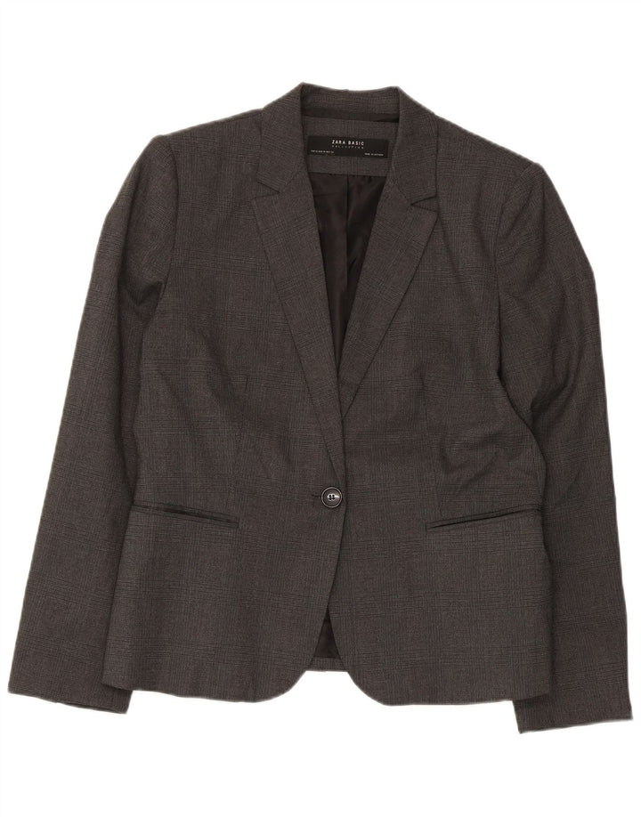 Zara Veste Blazer 1 Bouton Femme EU 42 Grand Gris Carreaux Polyester