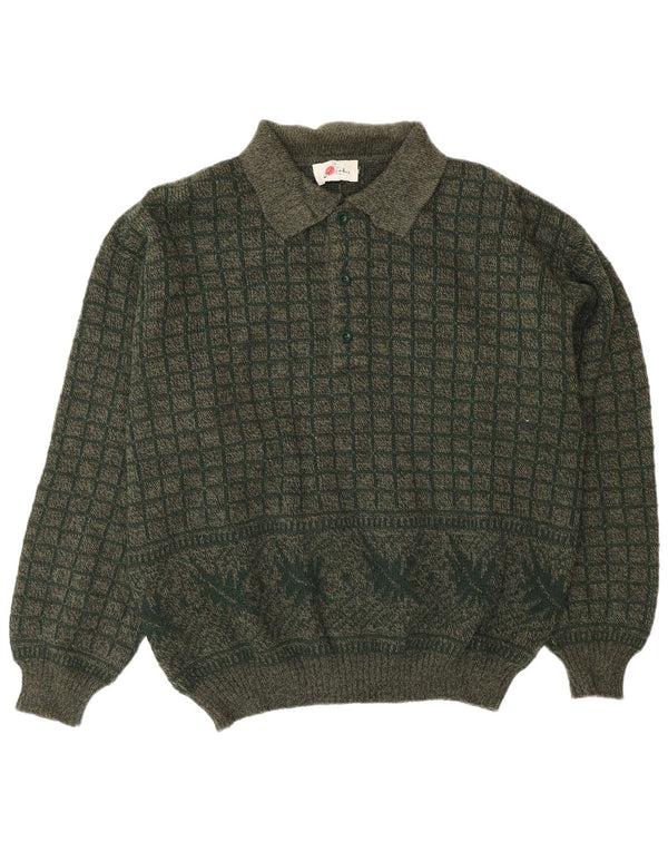 vintage Mens Polo Neck Jumper Pull Grand Kaki Géométrique Acrylique