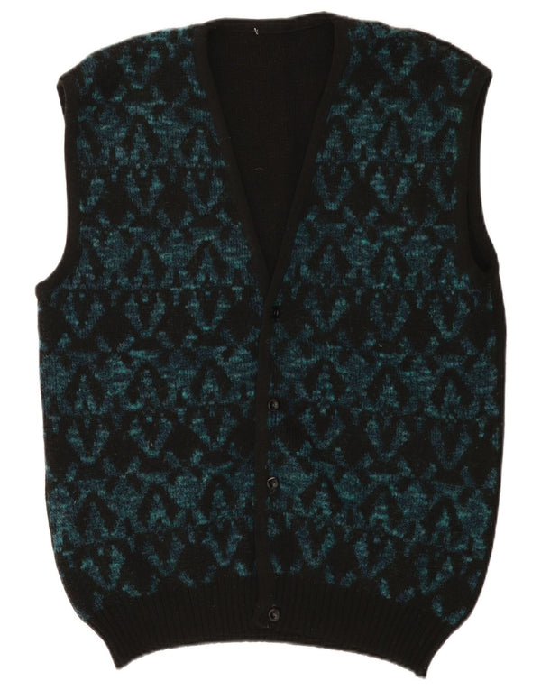 vintage Mens Cardigan sans manches Pull Moyen Noir Géométrique