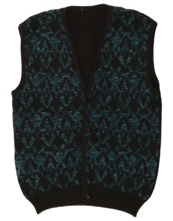 vintage Mens Cardigan sans manches Pull Moyen Noir Géométrique