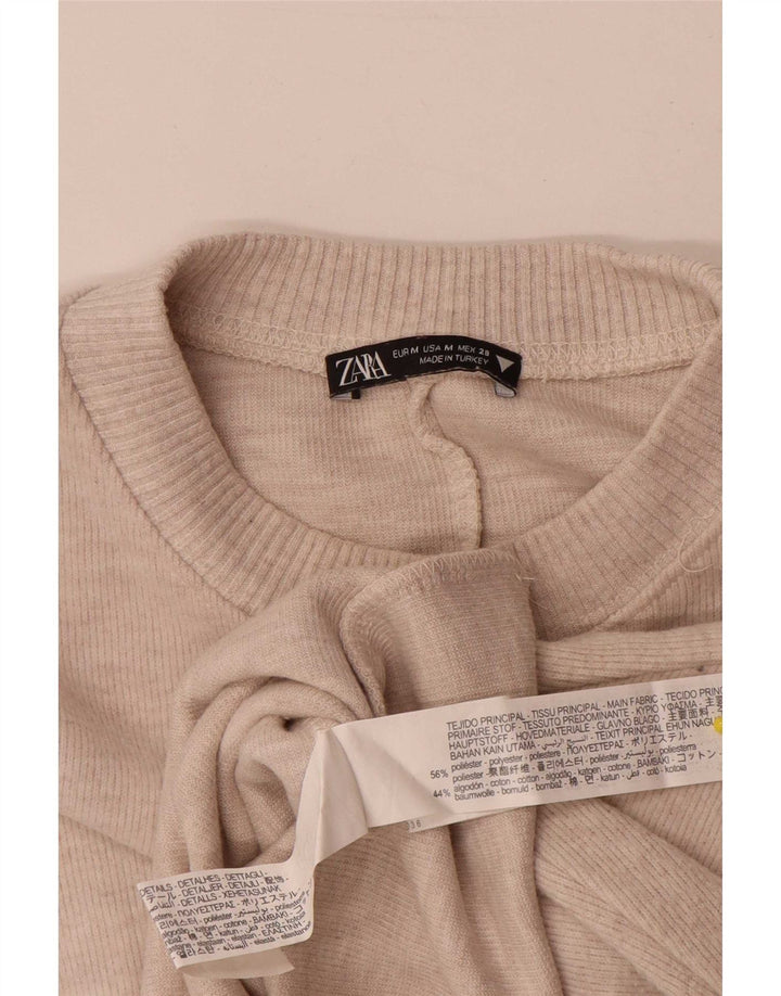 Zara Femme Crop Top Manches Longues UK 14 Polyester Beige Moyen