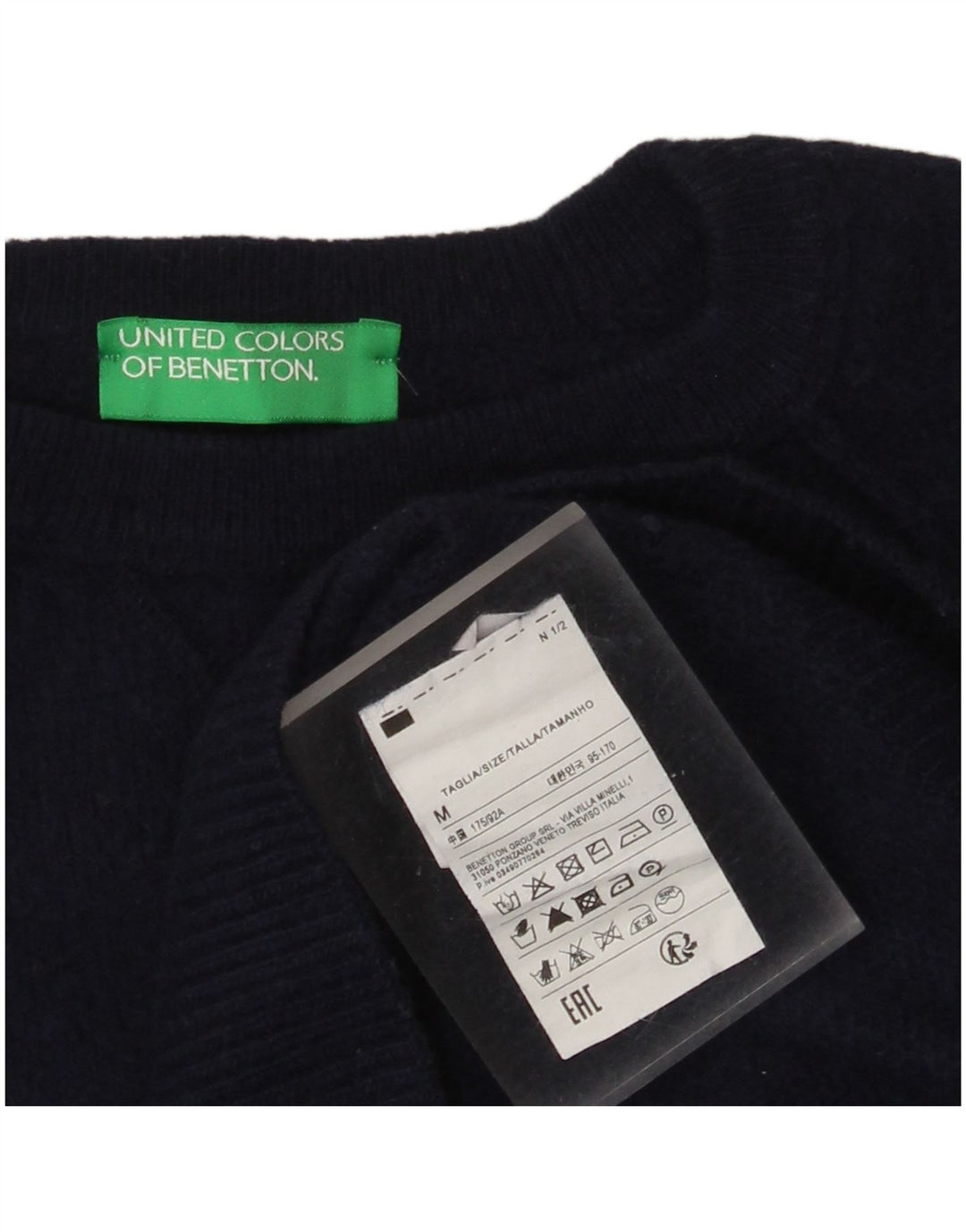 Benetton Pull ras du cou pour femme UK 14 en laine bleu marine moyen