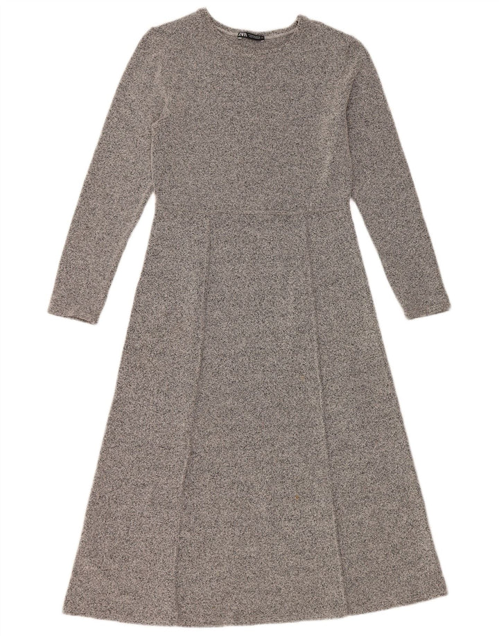 Zara Robe trapèze à manches longues pour femme UK 12 Gris moyen moucheté