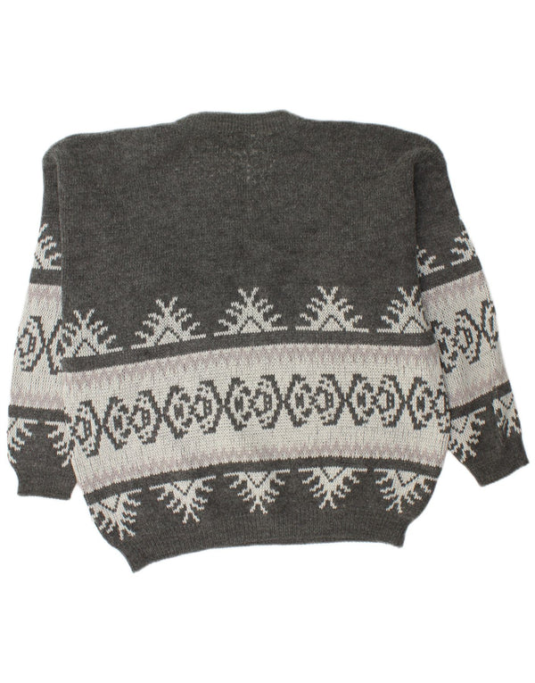 vintage Mens Graphic Crew Neck Jumper Pull XL Gris Fair Isle Acrylique