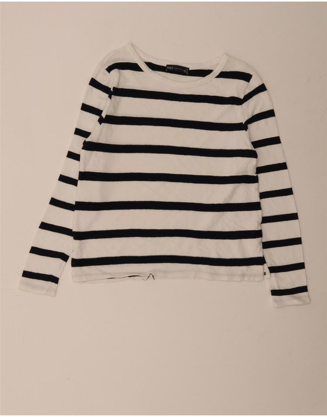 Marks & Spencer Haut à manches longues pour femme UK 10 Petit coton rayé blanc
