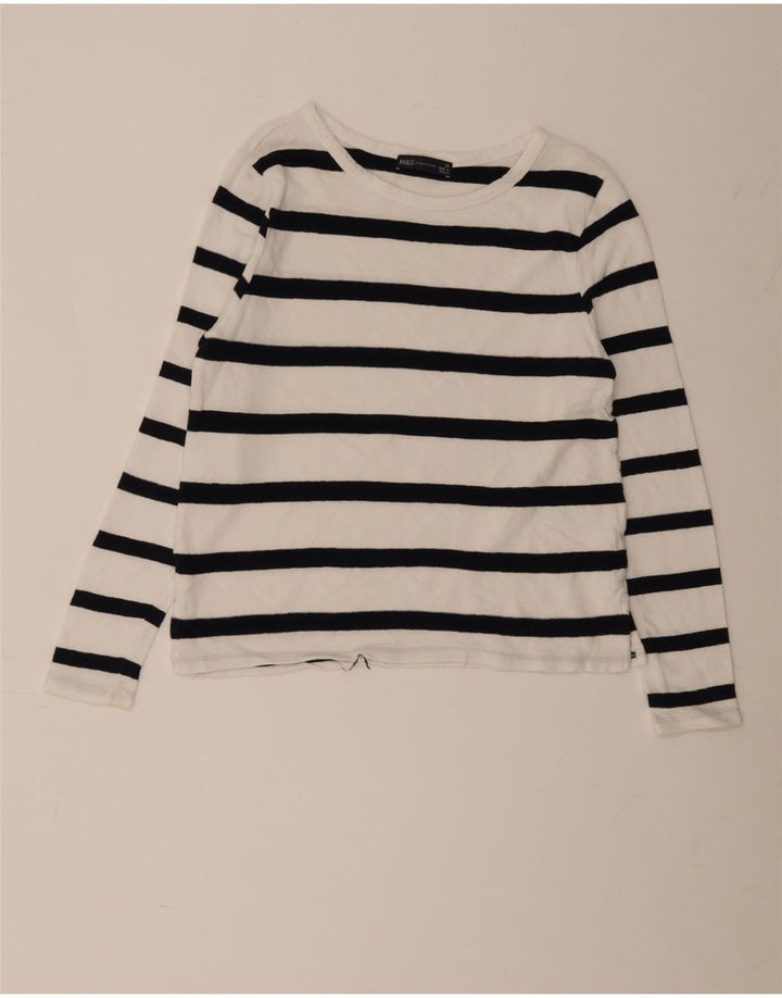 Marks & Spencer Haut à manches longues pour femme UK 10 Petit coton rayé blanc