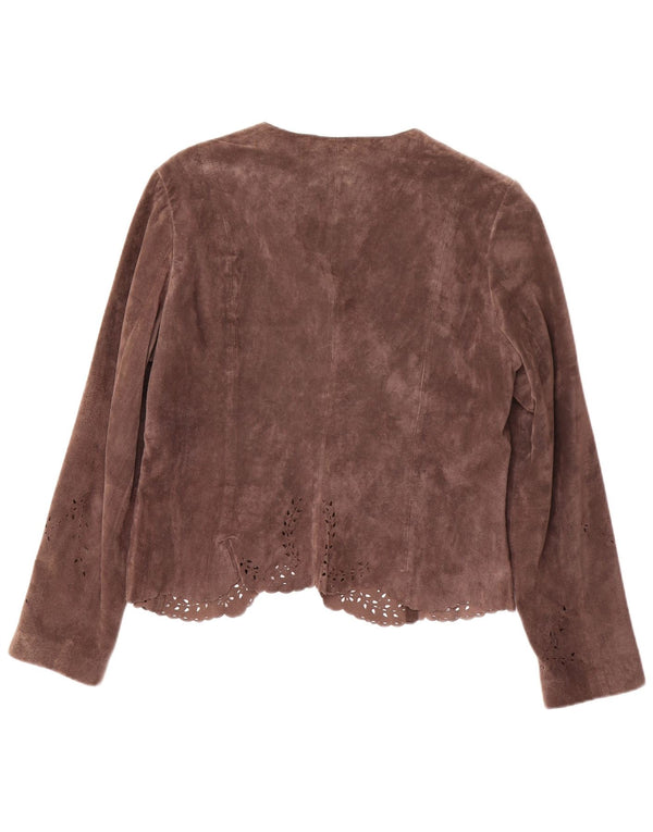 MONSOON Veste blazer ouverte en daim pour femme UK 16 Grand cuir marron