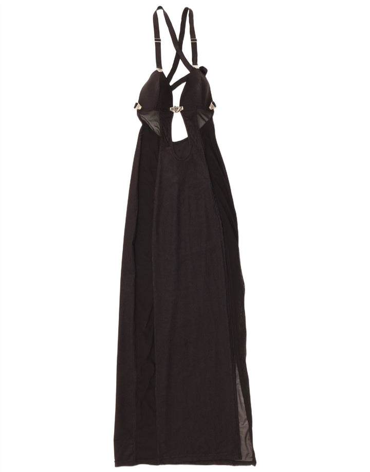 vintage Femme Halter Maxi Robe UK 12 Moyen Noir Polyamide