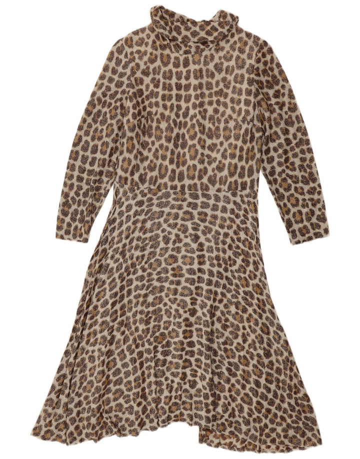vintage Femme 3/4 Manches Maxi Robe IT 42 Imprimé Animal Beige Moyen
