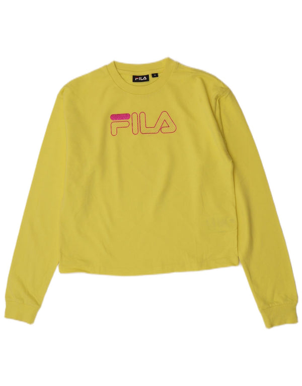 Fila Femme Crop Graphic Top Manches Longues UK 14 Coton Jaune Moyen