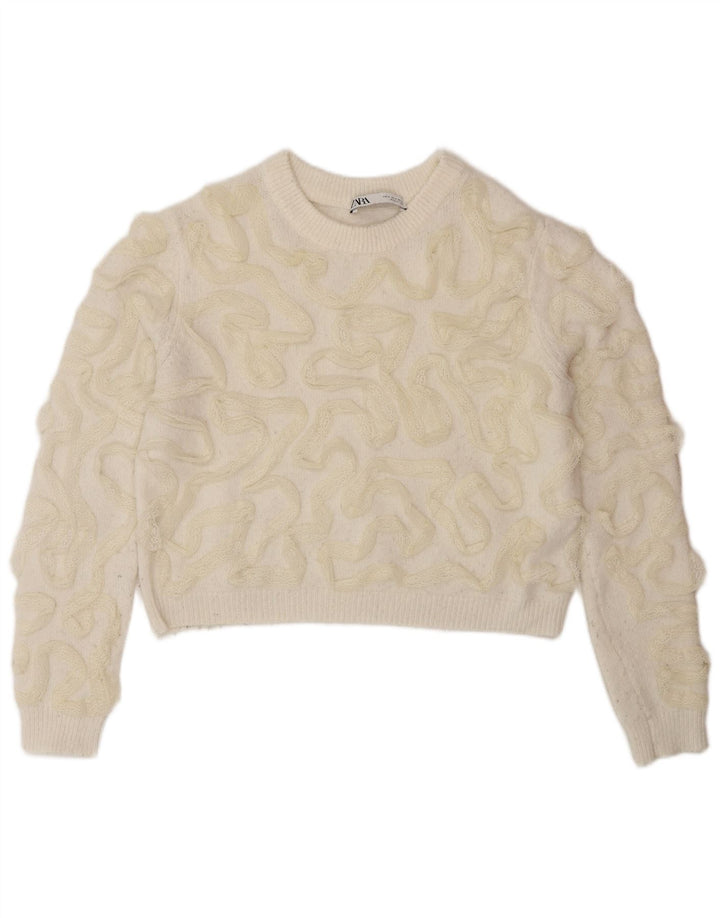 Zara Pull à col rond à motif abstrait pour femme UK 10 Small Blanc cassé