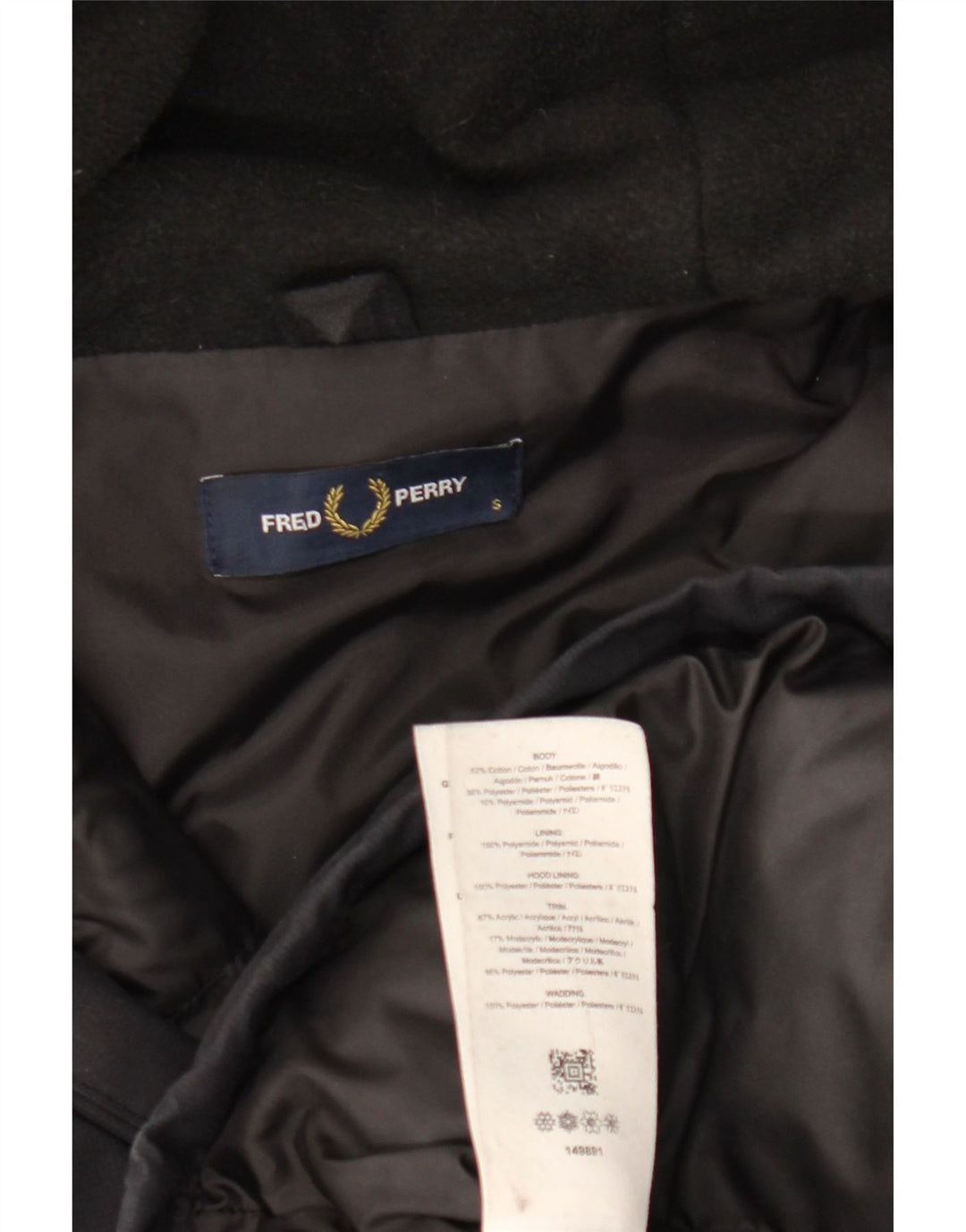 FRED PERRY Parka à capuche pour homme UK 36 Small Noir Coton