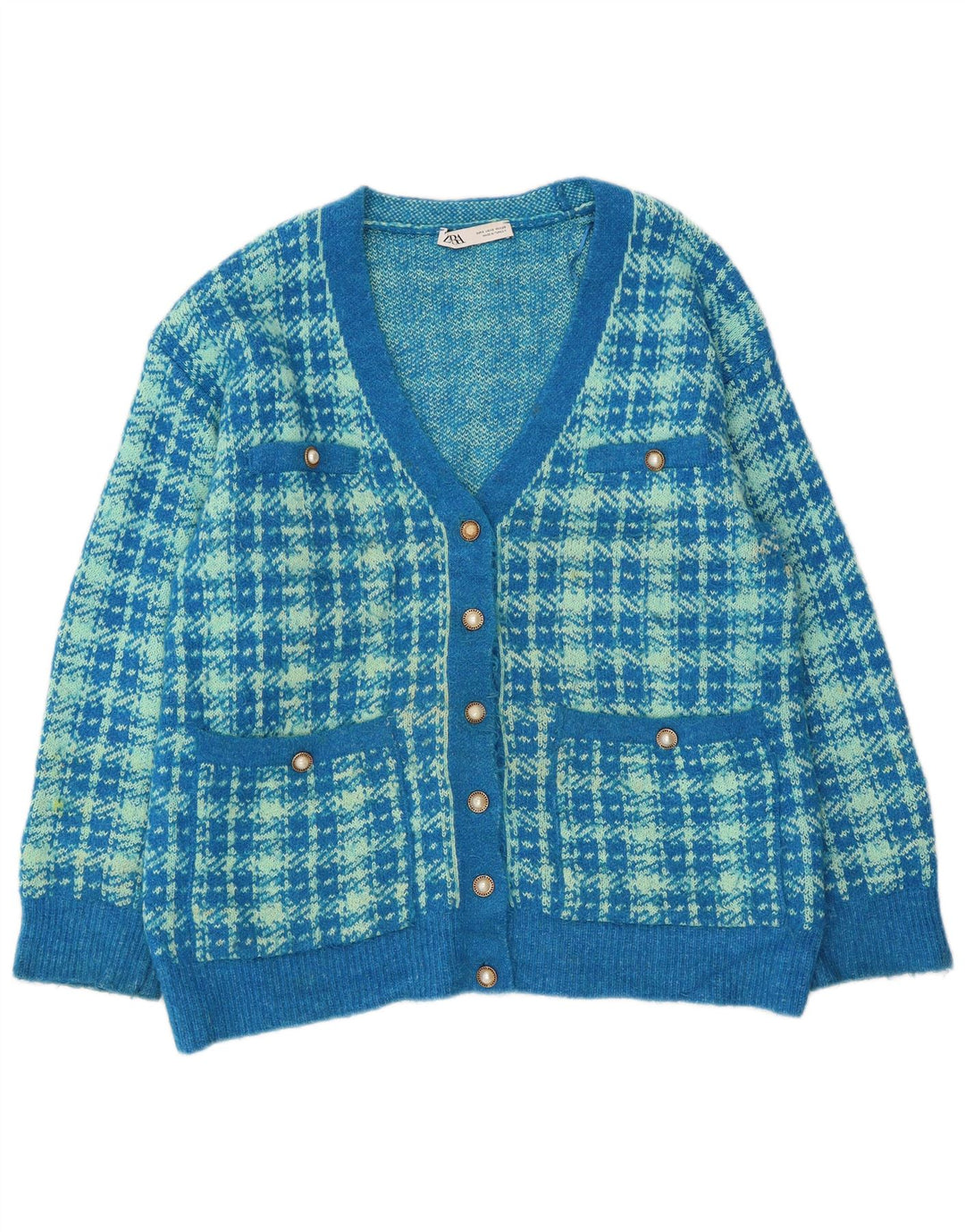 Zara Cardigan surdimensionné pour femme UK 10 Petit coton pied-de-poule bleu