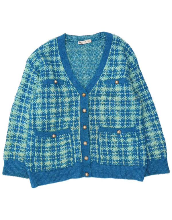 Zara Cardigan surdimensionné pour femme UK 10 Petit coton pied-de-poule bleu
