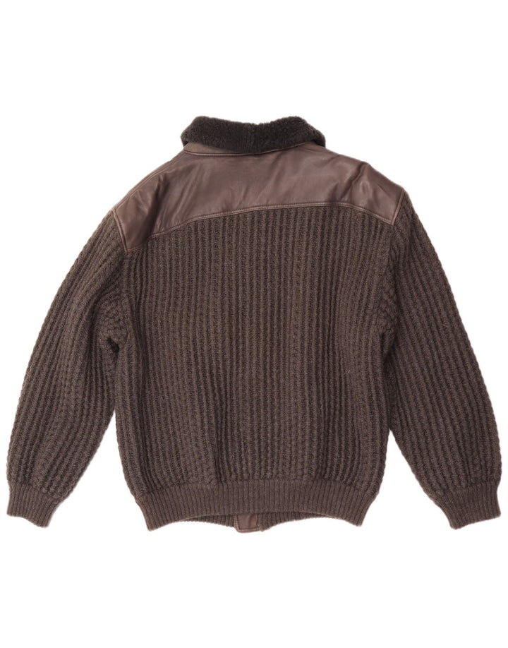 vintage Mens Knit Bomber Jacket IT 54/56 XL Gris Colourblock Laine