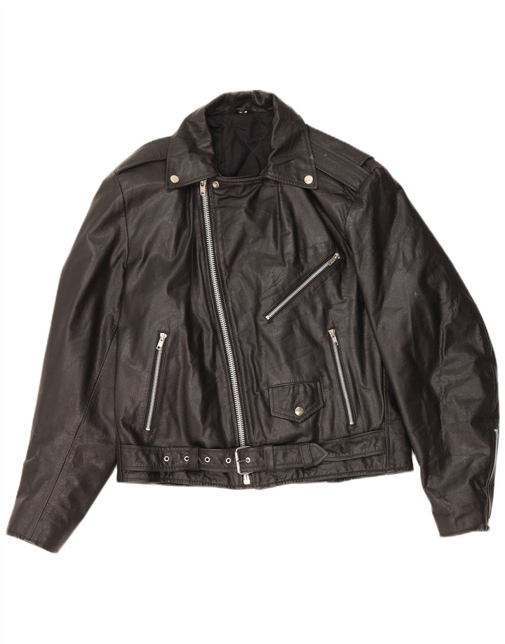 VINTAGE Femme Veste de motard en cuir surdimensionné UK 10 Petit cuir noir