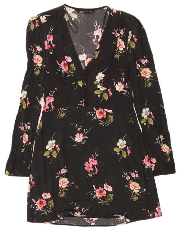 Zara Robe trapèze à manches longues pour femme UK 10 Petit motif floral noir
