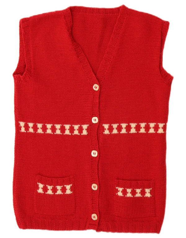 vintage Femmes Sans Manches Cardigan Pull UK 12 Moyen Rouge Rayé