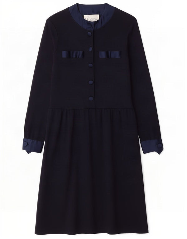 vintage Femme Manches Longues Maxi Robe IT 40 Petite Laine Bleu Marine