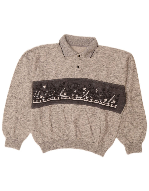 Vintage Mens Graphic Polo Neck Sweatshirt Jumper Large Grey Flecked