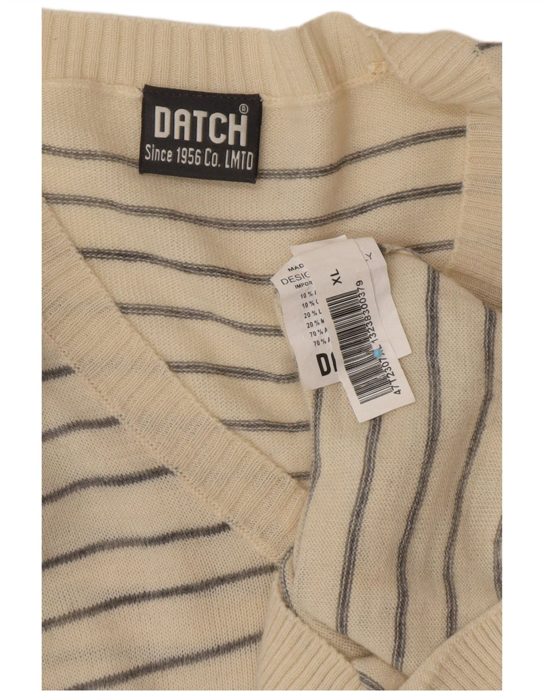 DATCH Pull Col V Homme XL Acrylique Rayé Blanc Cassé