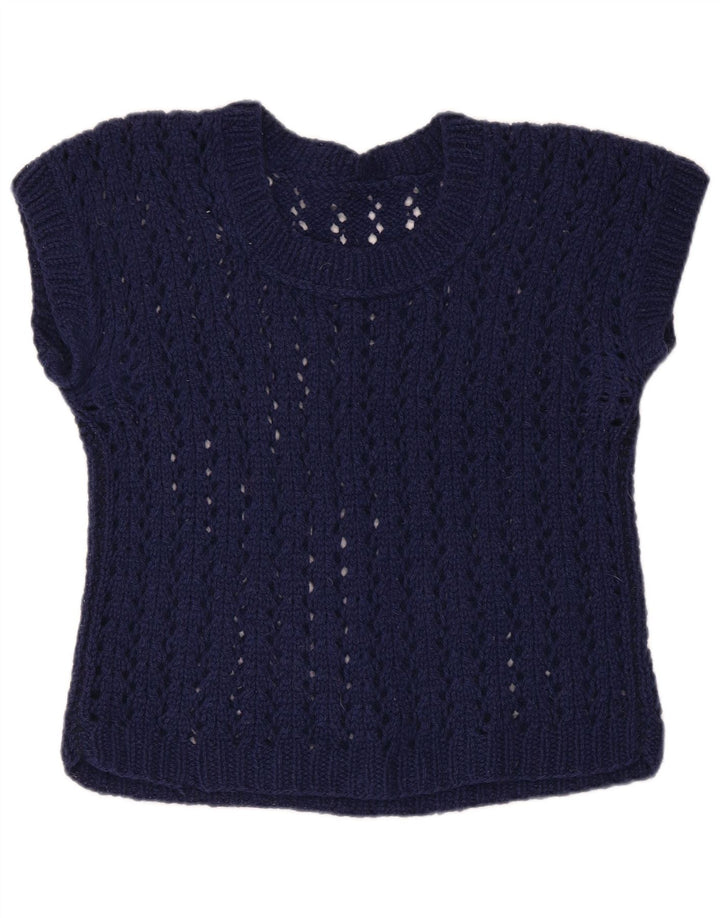 VINTAGE Femmes Crop Boat Neck Jumper Pull UK 12 Bleu Marine Moyen