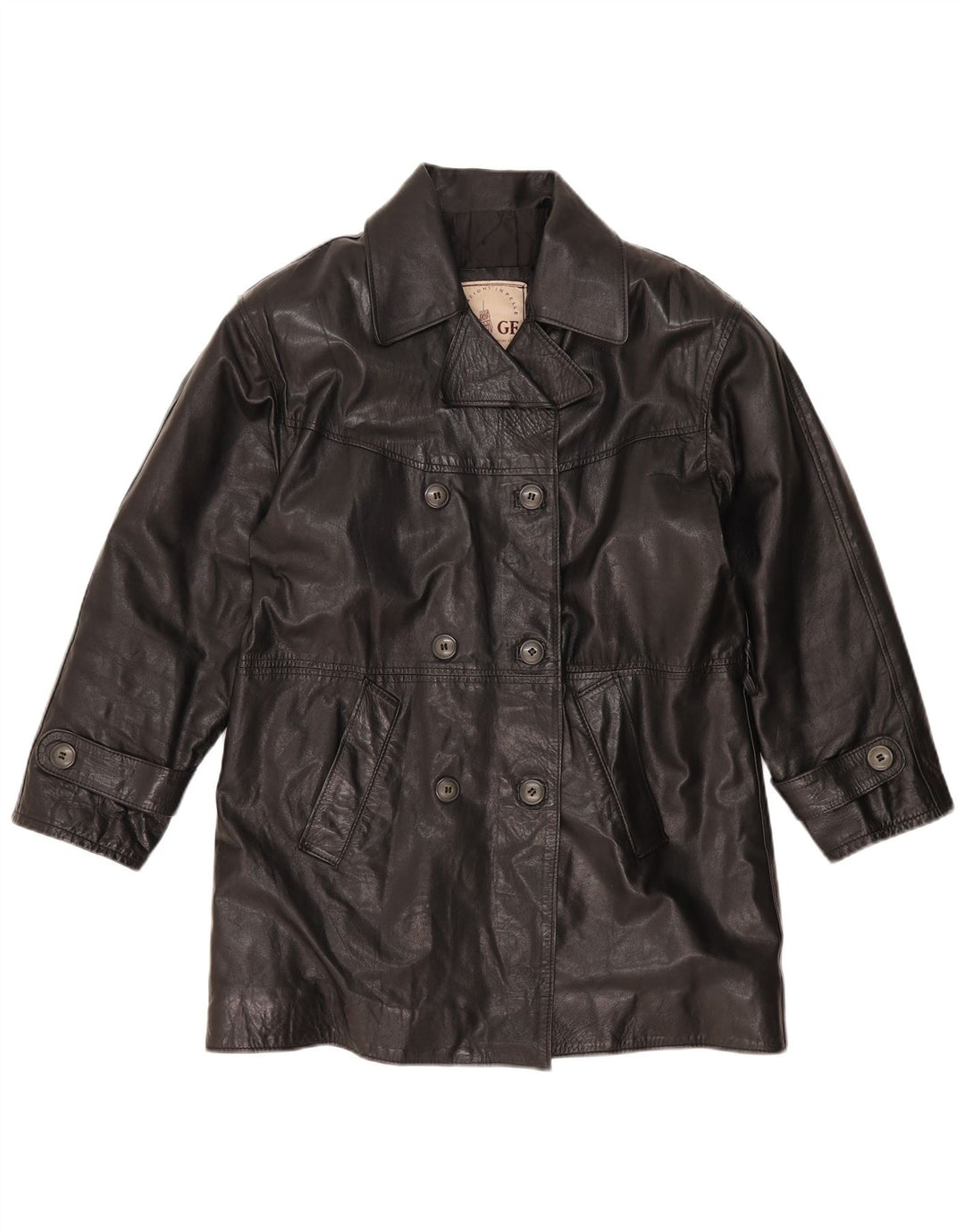 GF Manteau en cuir surdimensionné à double boutonnage pour femme UK 10 Petit cuir noir