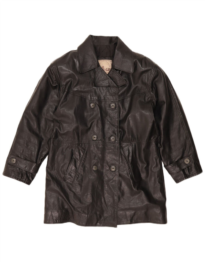 GF Manteau en cuir surdimensionné à double boutonnage pour femme UK 10 Petit cuir noir