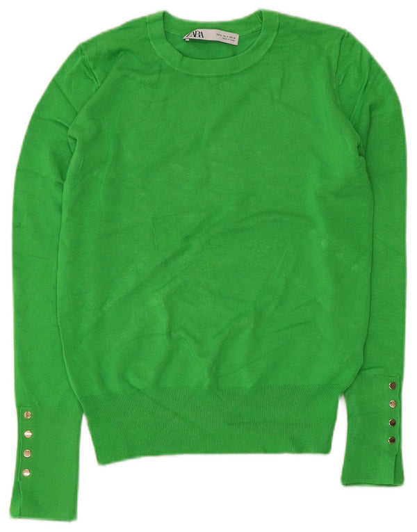 Zara Pull court à col bateau pour femme UK 10 Small Vert Viscose