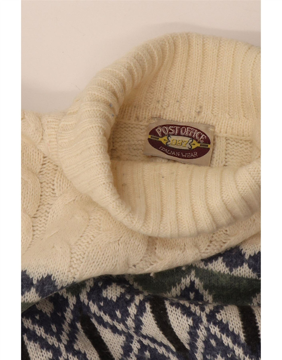 vintage Mens Roll Neck Jumper Pull Moyen Blanc Cassé Géométrique