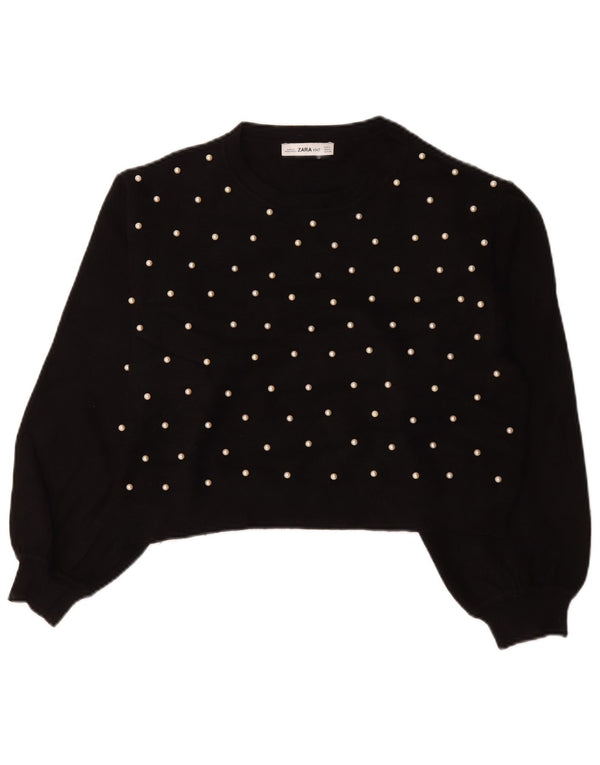 Zara Pull court à col rond pour femme UK 14 Viscose noir moyen