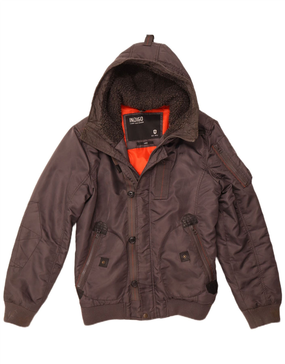 INDIGO Veste bomber à capuche pour homme UK 40 Large Gris Nylon