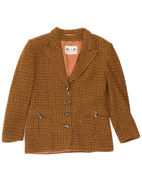 vintage Femme 4 Bouton Blazer Veste IT 46 Grande Laine Pied-de-Poule Marron