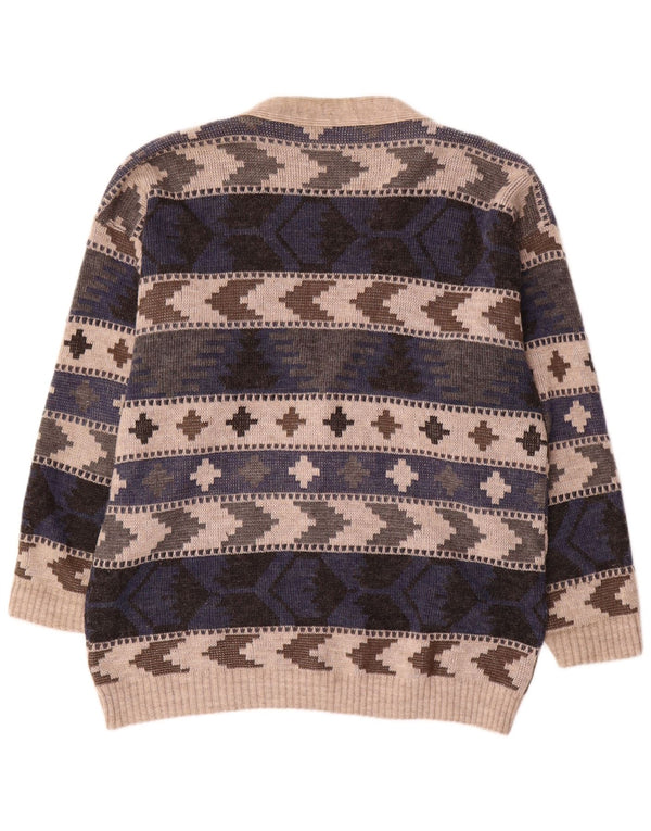 vintage Mens Cardigan Sweater Grand Multicolore Géométrique