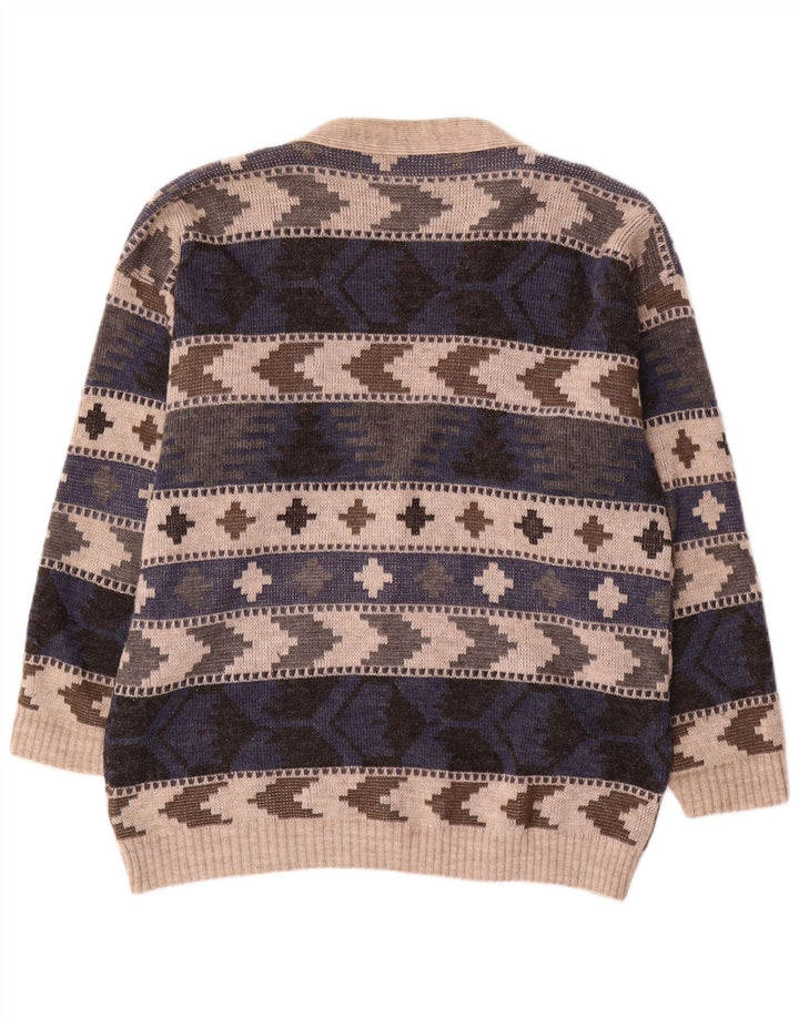 vintage Mens Cardigan Sweater Grand Multicolore Géométrique