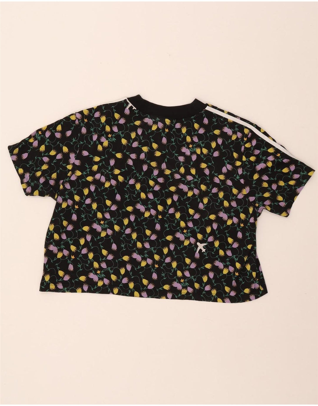 ADIDAS Femmes Crop Graphic T-Shirt Top UK 18 XL Noir Floral Coton