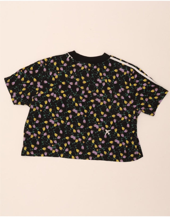 ADIDAS Femmes Crop Graphic T-Shirt Top UK 18 XL Noir Floral Coton