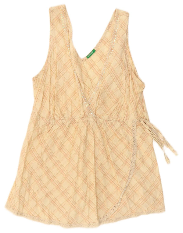 Benetton Chemisier sans manches pour femme UK 44 Grand coton à carreaux beige