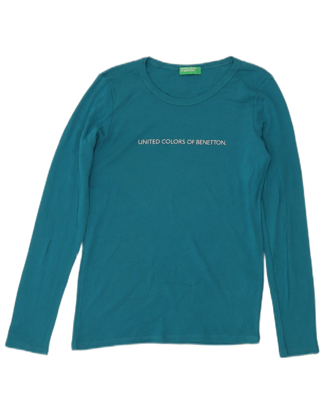BENETTON Haut graphique à manches longues pour femme UK 10 Petit Bleu Coton