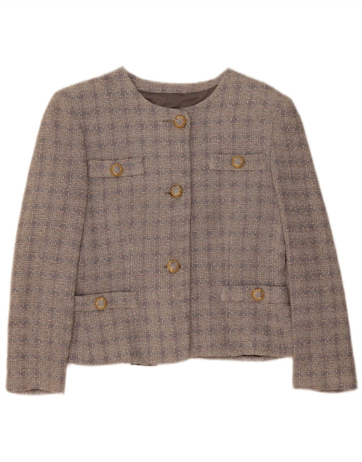 vintage Femme 3 Bouton Blazer Veste IT 42 Gris Moyen Check Laine